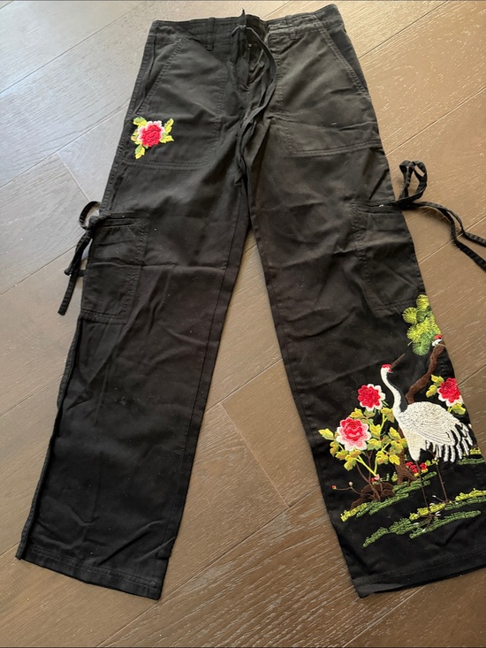 Johnny Was Pants - Johnny Was Black Embroidered Crane Cargo Pants with Pink & Green Floral Accents